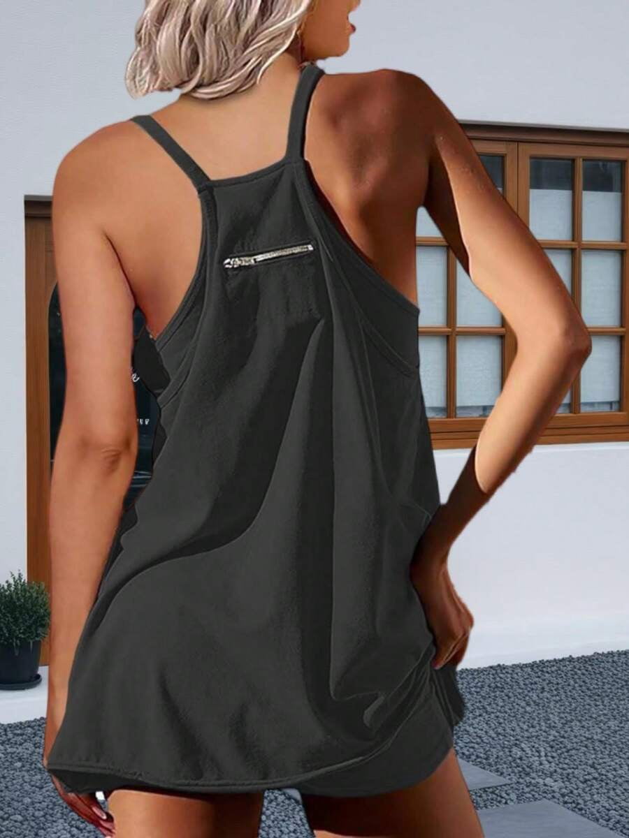 Dark Grey Womens Sleeveless Athletic Tennis Mini Dress With Pockets For Workout And Summer
