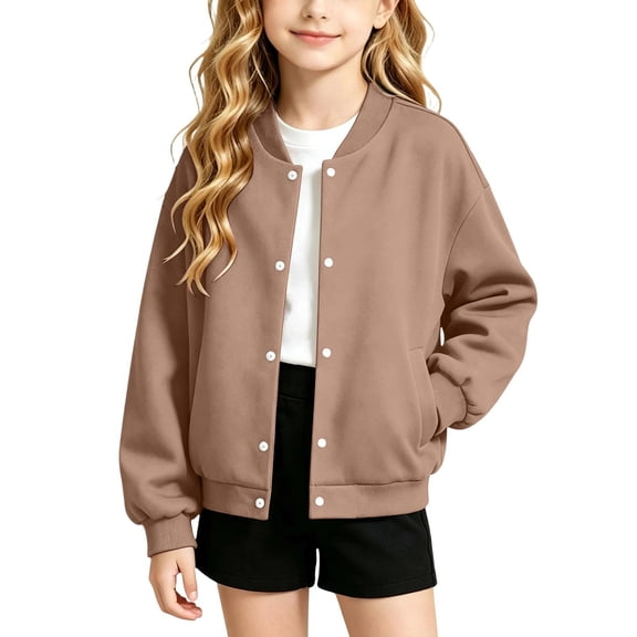 luawuai Girls Snap Button Bomber Jacket with Pockets, Brown, Size 8-9 Years