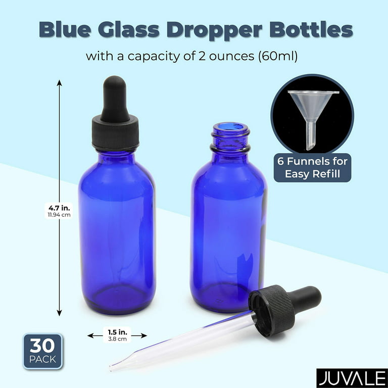 30 Pack 2 Oz Blue Glass Eye Dropper Bottles with 6 Funnels for Essential  Oils, Travel Aromatherapy Perfume, Liquid Cosmetics (36 Pieces)