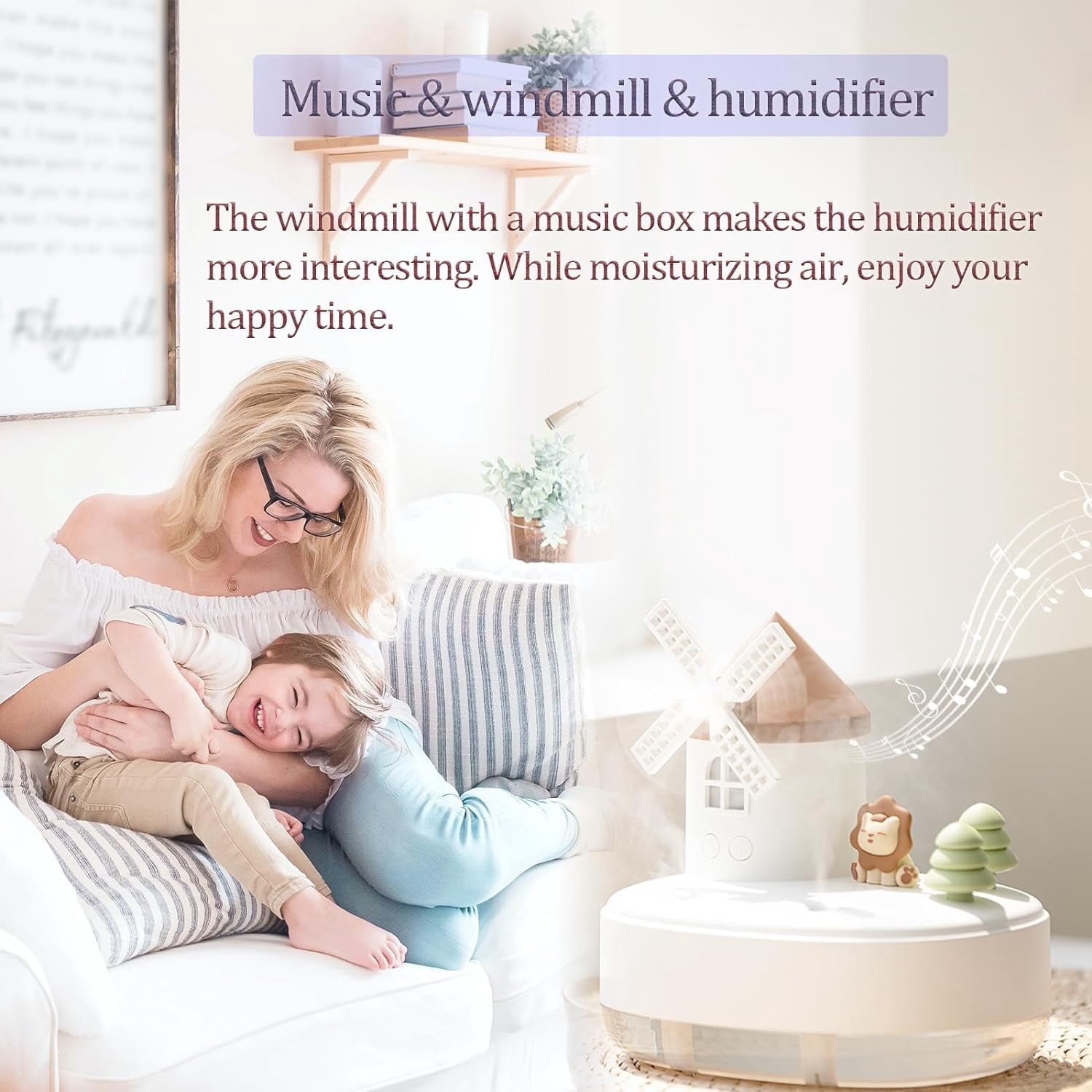 Ultrasonic Humidifiers for Bedroom and Office,Cold fog humidifier with music box, rotary windmill baby humidifier with night light, dual nozzle, two spray modes and ambient light