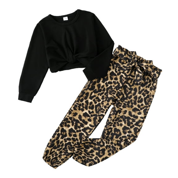 5T Baby Girls Clothes 6 Years Little Girls 2PCS Fall Winter Outfits Set Little Girls Long Sleeve Top Leopard Pants Set Black