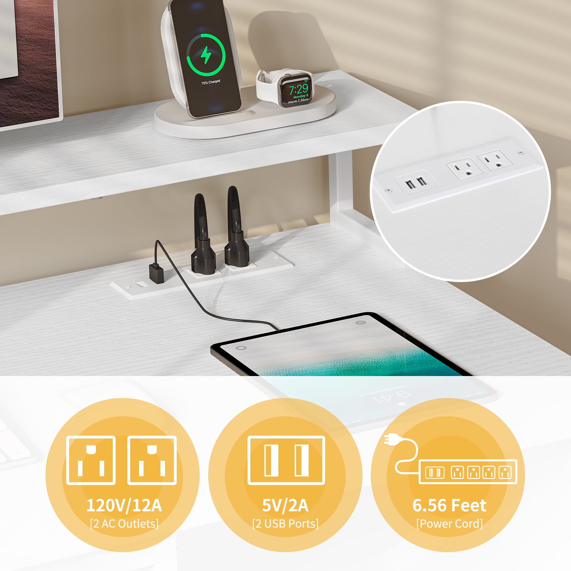 Uforic 47" Computer Desk with Drawers, Home Office Desk with LED Lights& Power Outlet, White