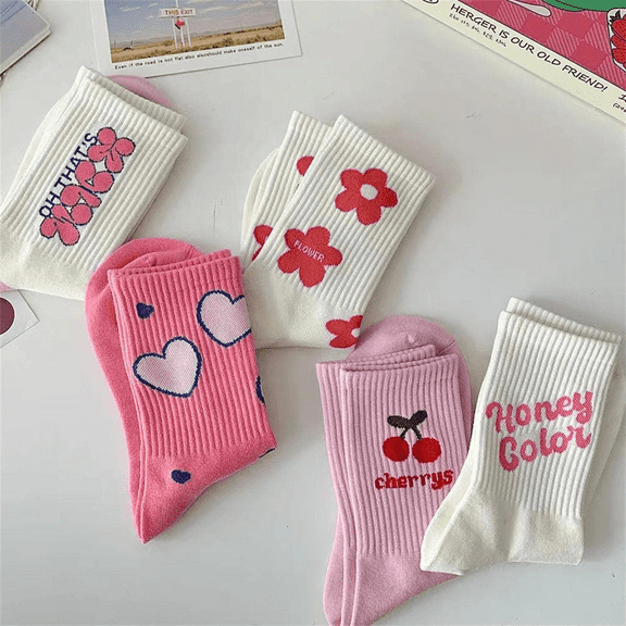 5 Double Floral And Heart-Shaped Socks, Cute Girl's Knee-High Socks, Ladies' Footless Socks And Outdoor Sports Short Socks.