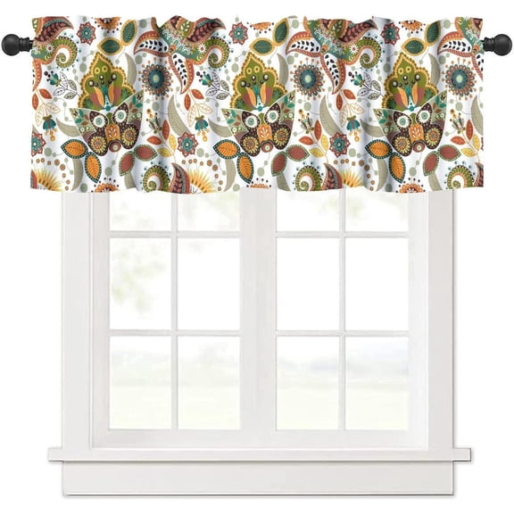 Boho Floral Kitchen Valance Curtains, Vintage Paisley Print Home Decor Short Drapes for Bedroom Living Room Cafe Rod Pocket Window Treatment 1 Panels Set 54 W x 18 L Inch