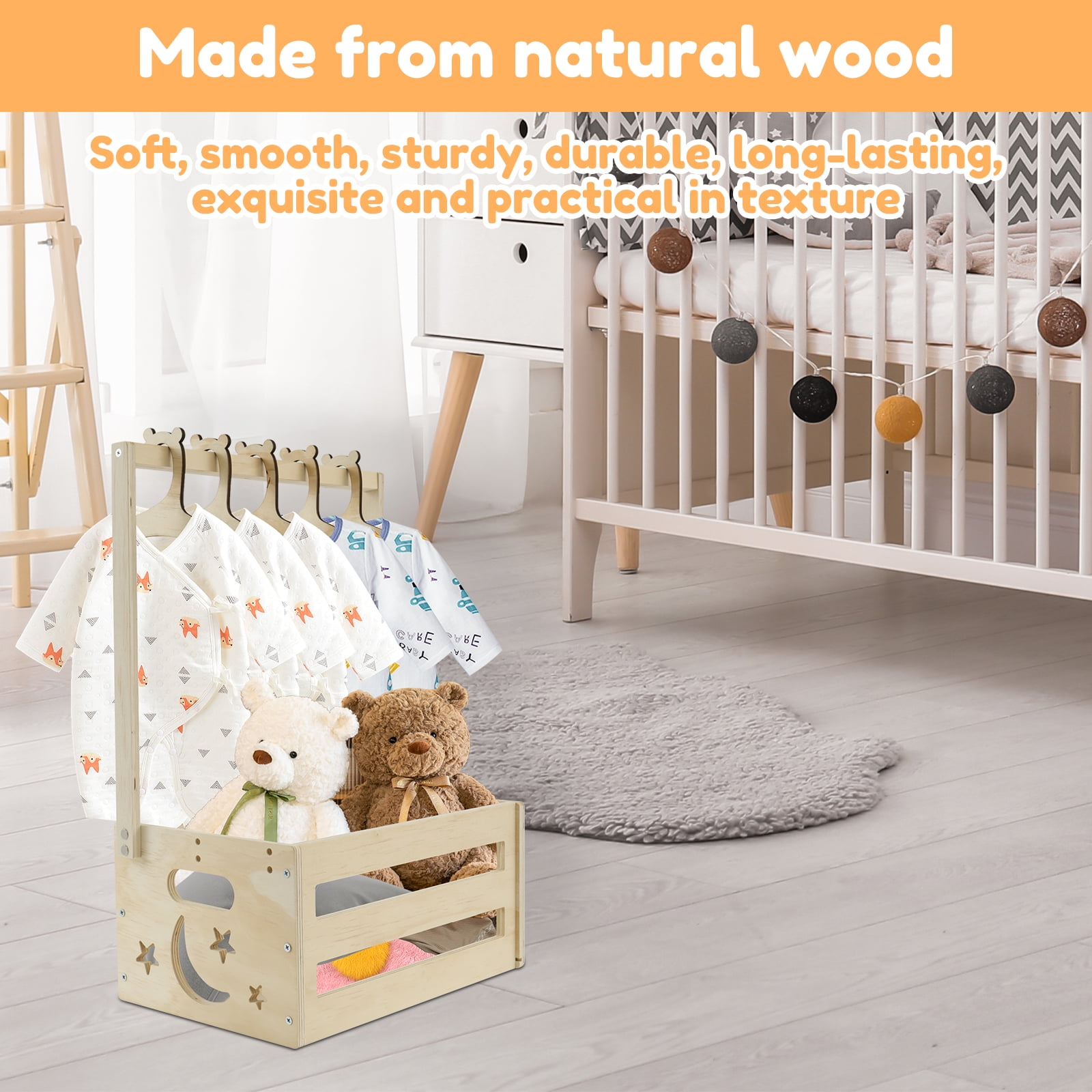 Xiyztok Baby Shower Crate Closet Smooth Wood Baby Shower Basket with Handle Storage Crate with 5 Hangers for New Born Baby Shower,21.45*13.39in