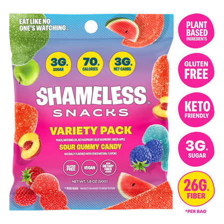 Shameless Snacks Variety Pack Low Calorie Sour Gummy Candy, Keto Friendly High Fiber Low Sugar Healthy Candy, Gluten Free Plant Based, 1.8 oz Bag
