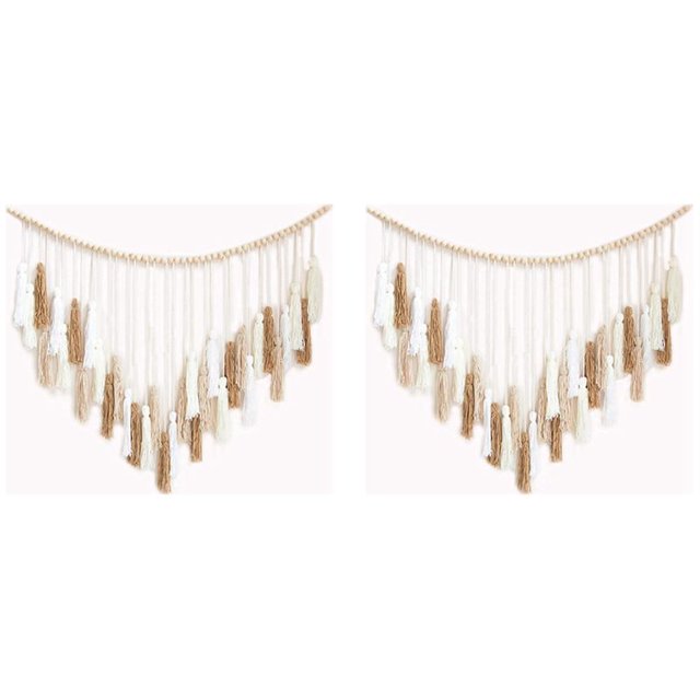 2X Colgante de Pared de Macramé - Colgante de Pared Grande de Macramé Con Cuentas de Madera - Decoración de Pared para Dormitorio Y Sala de Estar Marrón