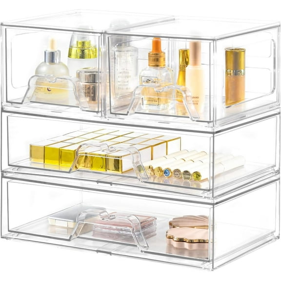 4 Pack Stackable Storage Drawers Clear Acrylic Organizer Bathroom Makeup Organizer and Storage for Beauty Supplies,Ideal for Vanity, Bathroom,Cabinet,Pantry Organization
