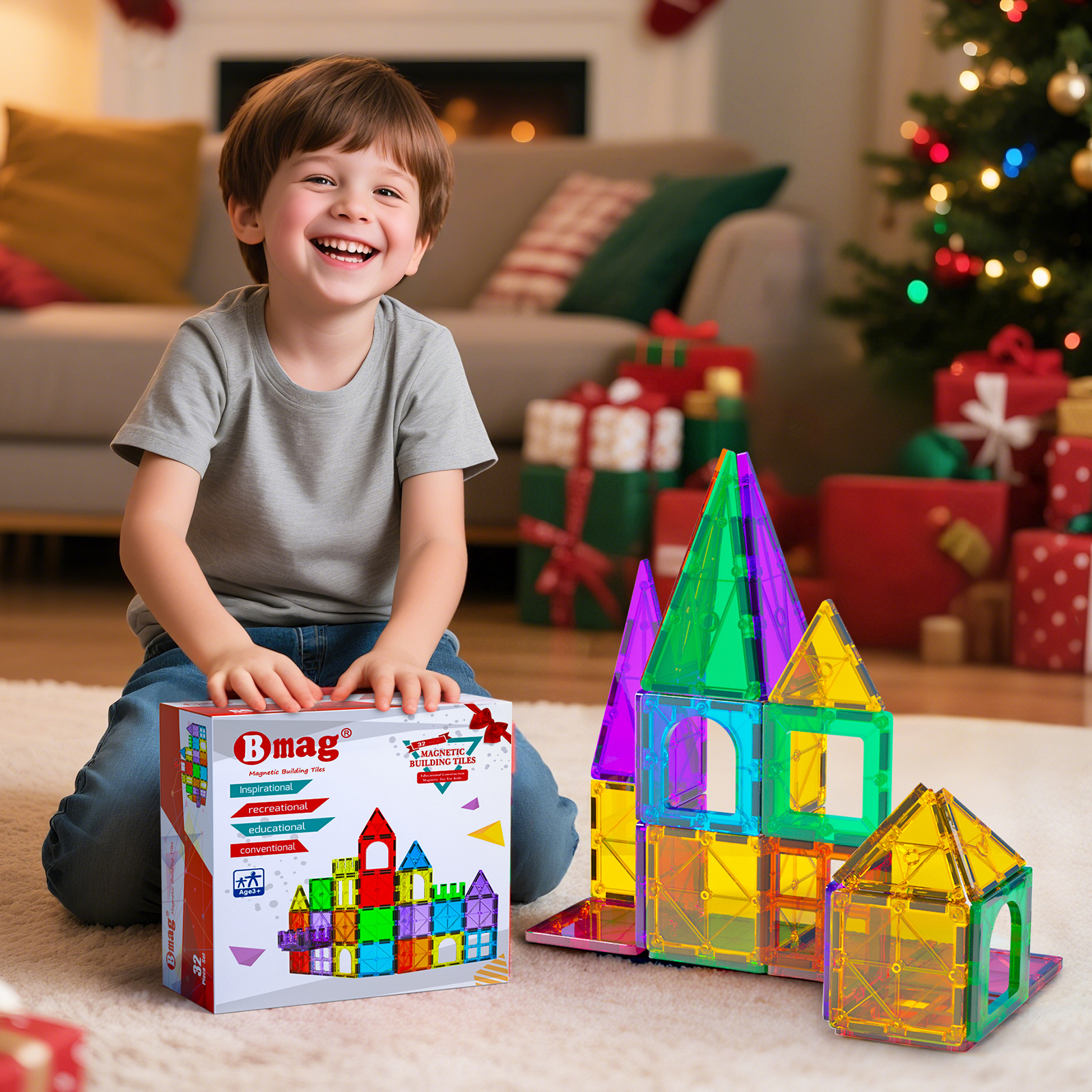 BMAG 32-Piece Magnetic Tiles Building Blocks photo 2