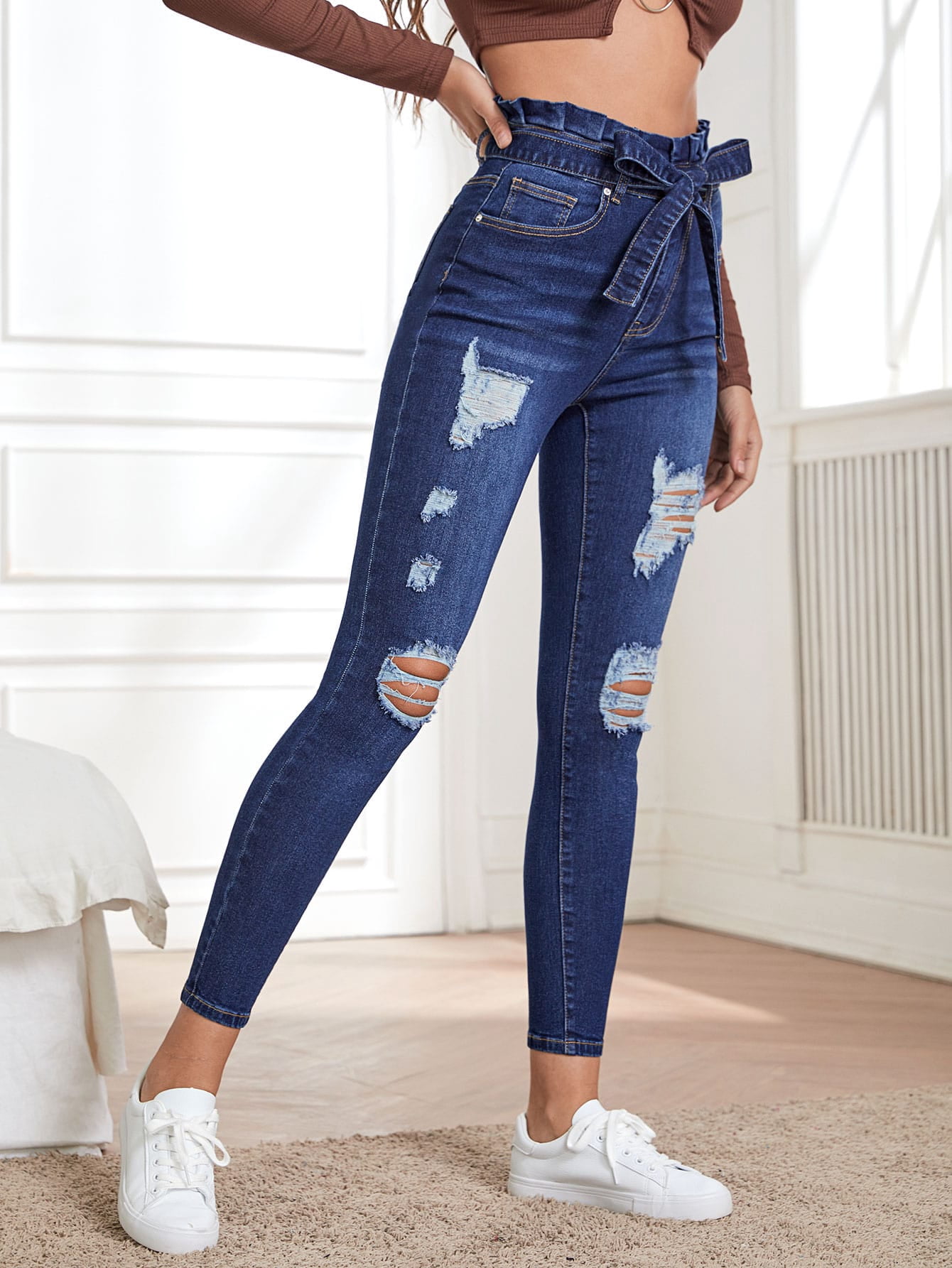 Women's High Waist Ripped Frayed Belted 