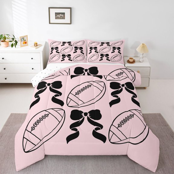 Feelyou Rugby Football Queen Comforter Set, Pink Bowknot Bedding Comforter Set, 3pcs