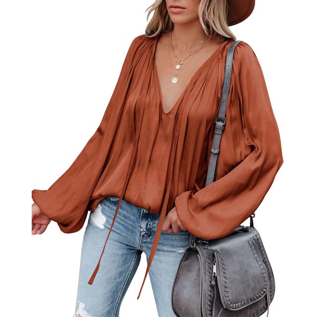 Blusa LAMISSCHE sexy de satén de gasa con cuello en V para mujer