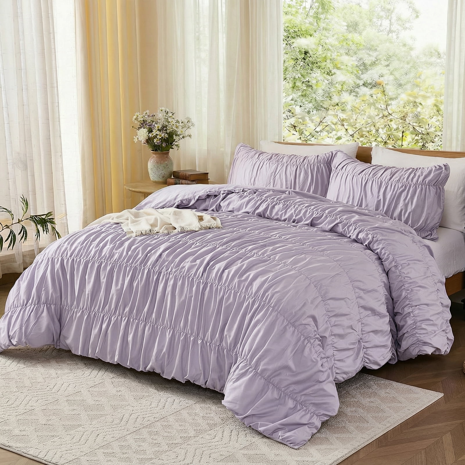 100% Cotton Purple Wrinkle Duvet Cover Set Queen Size,Ruched Bedding Comforter Cover,Shabby Chic Ruffled 3 Pcs Queen Duvet Cover Set,Bohemian Boho Bedding Set with 1 Duvet  Cover 2 Pillowcases