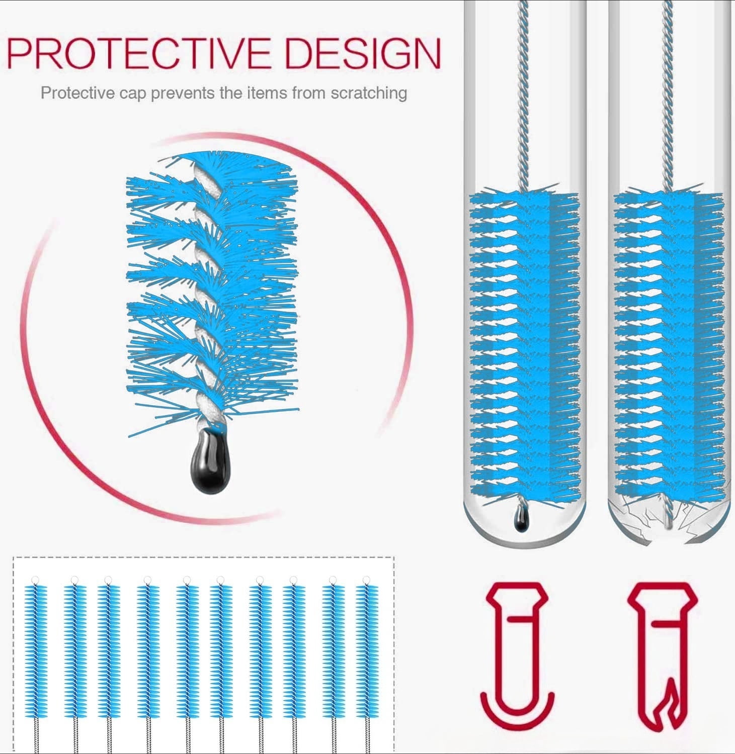 Long Straw Brush Cleaner 10 Pack, Flexible Nylon Tube Cleaning Brushes with 0.4" Bristles, Rust-Proof Stainless Steel Wire Washer for Reusable Tumblers, Sports Bottles & Pipes 10 Inch