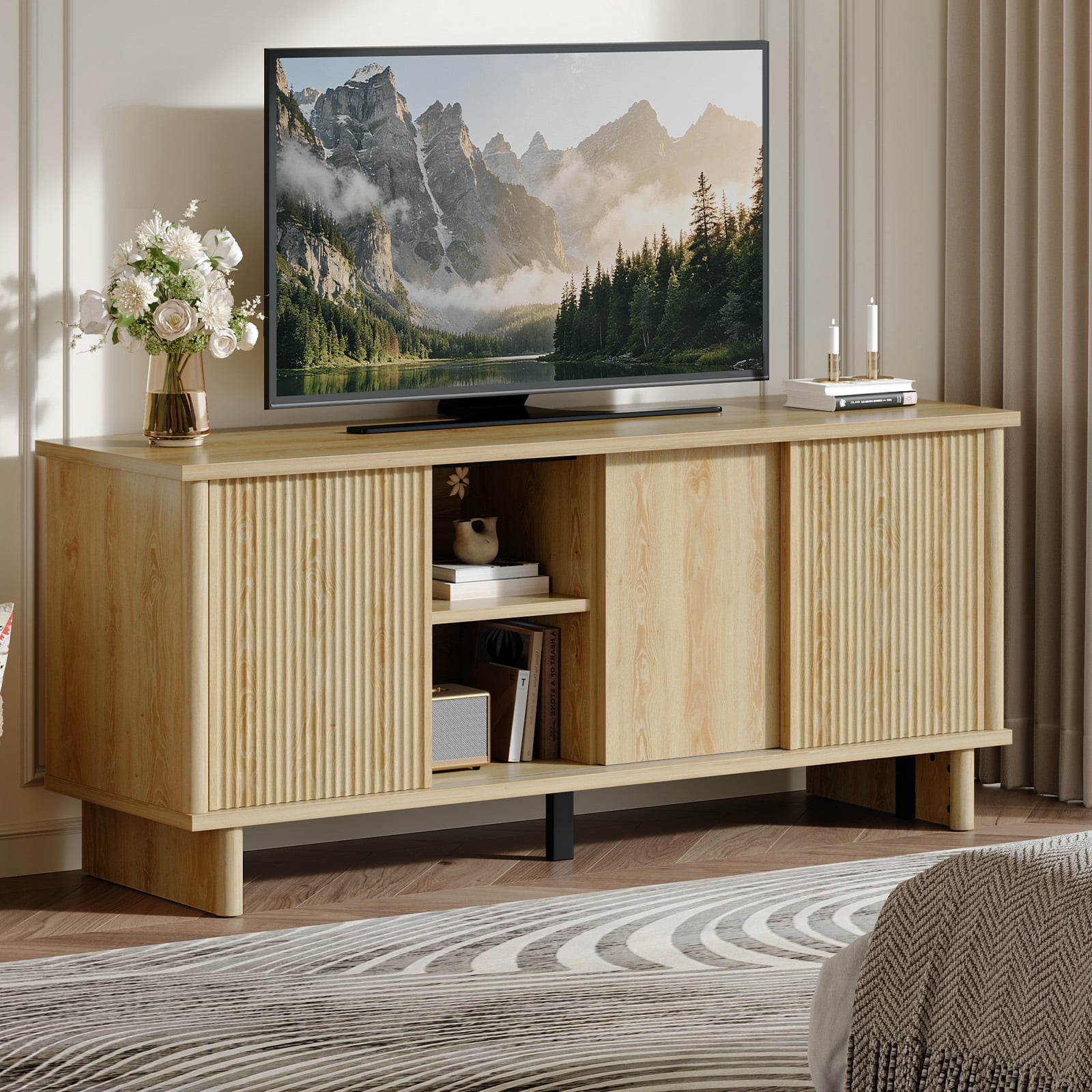 Bestier Fluted TV Stand for 65 inch TVs,Entertainment Center with 4-Sliding Doors,Height Adjustable Shelves,Media Console Table with Cable Management, TV Cabinet for Living Room,Natural Oak