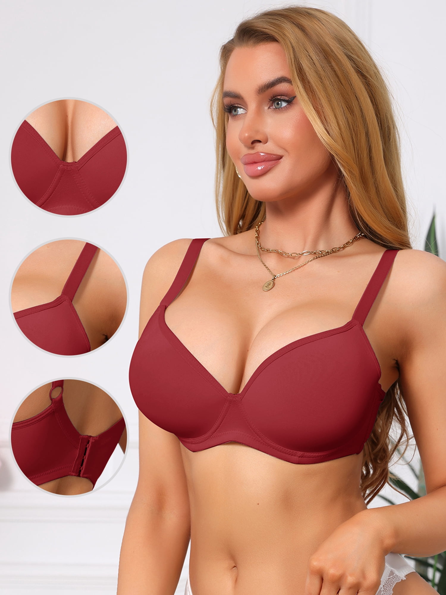 DARING DIVA Women's Smoothing Underwire Bra Plunge Push Up Bralette C 40 Red