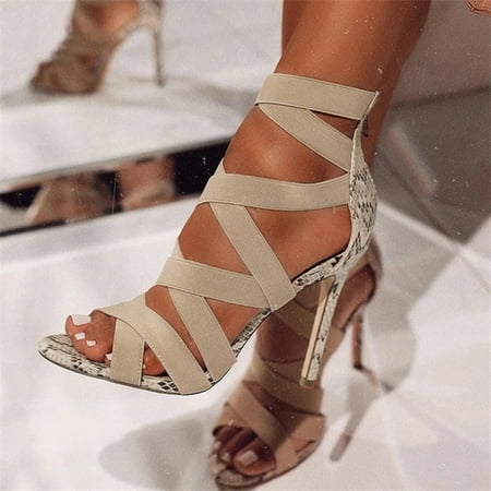

Feiboyy Ladies Pumps Fashion Bandage Patchwork Mixed Colors High Heels Sandals Casual Shoes