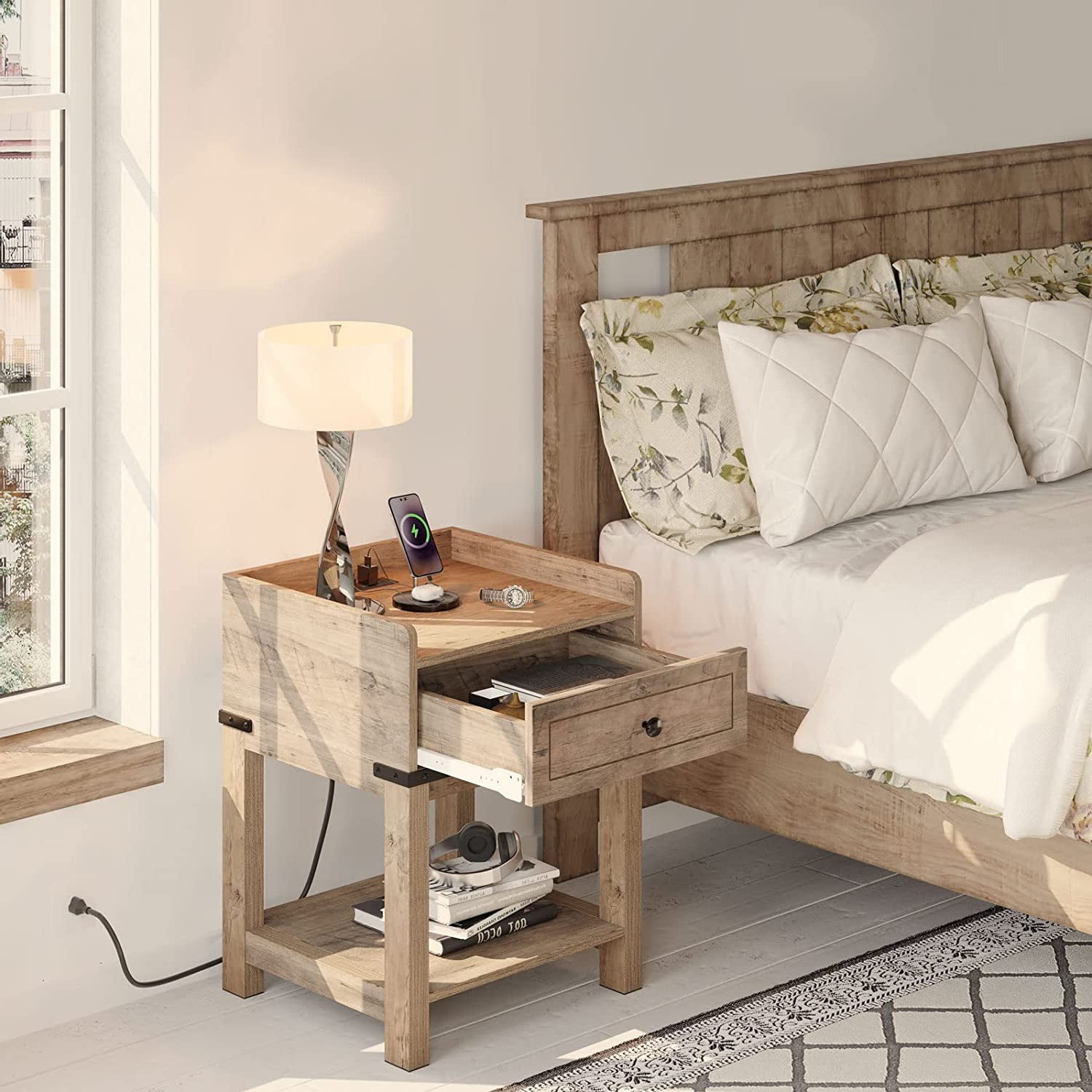 Dextrus Nightstand with Charging Station, Farmhouse End Side Table Bedside Table with Drawer