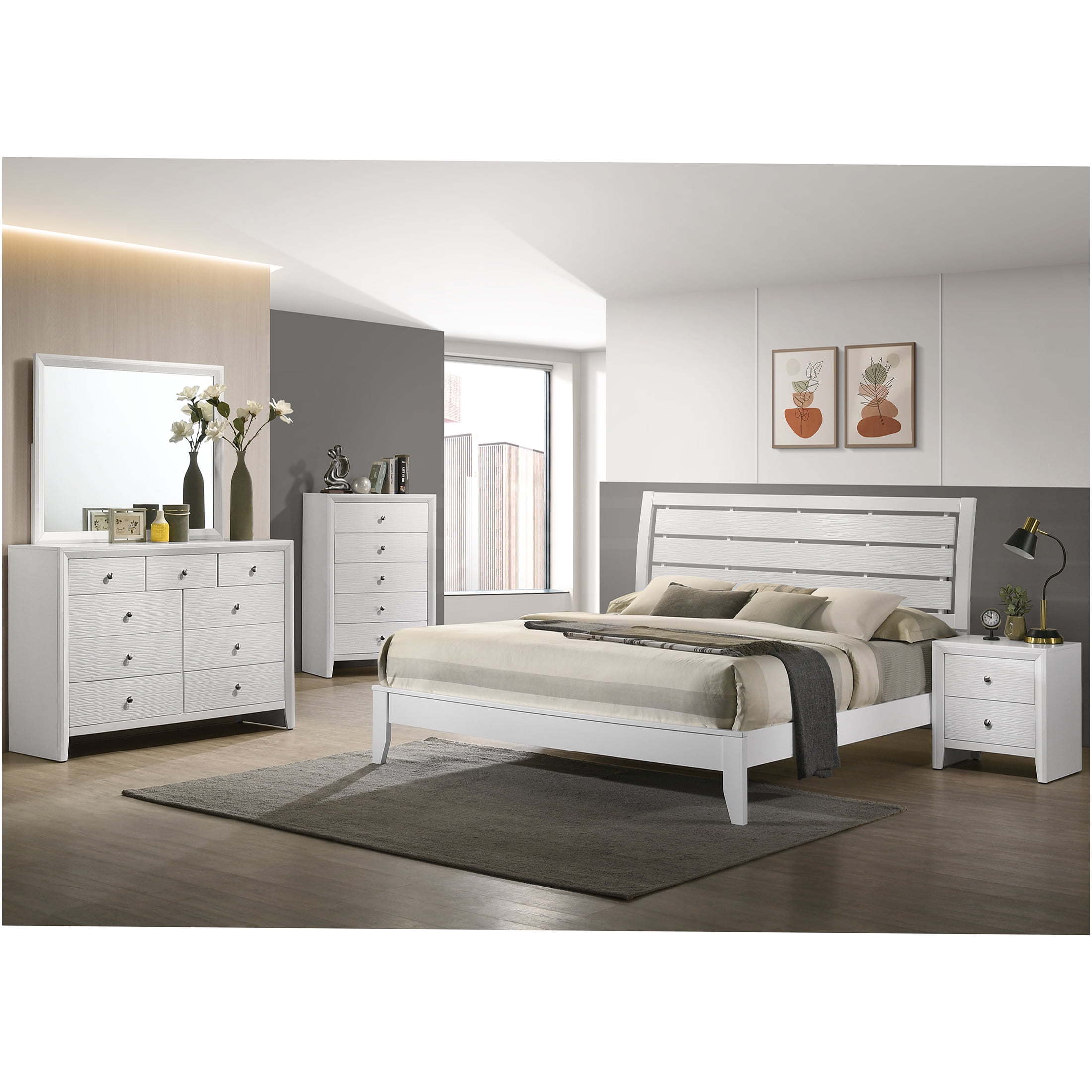 JERFIT King Size Panel Bed Frame with Geometric Headboard, White Wood Platform Bed with Slat Support, Low Profile Footboard Tapered Legs, Easy Assembly Modern Bedroom Furniture