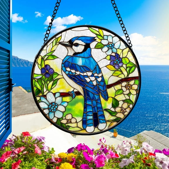 Blue Jay Faux Stained Glass Sun Catcher, Bird Lovers Gift, Window Hanging Decor, Colorful Nature Art, Bluebird Sun Catcher, Spring Bird
