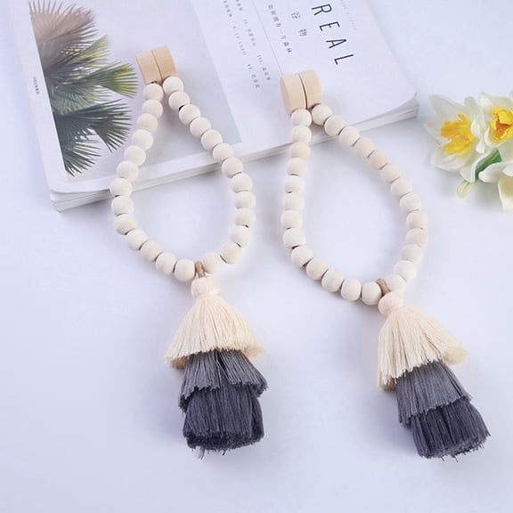 2pcs Wooden Bead Curtain Tiebacks, Magnetic Curtain Tiebacks, Boho Curtain Tiebacks, Farmhouse Curtain Tiebacks, Curtain Tie Backs for Home Wall Holiday Decoration Gray