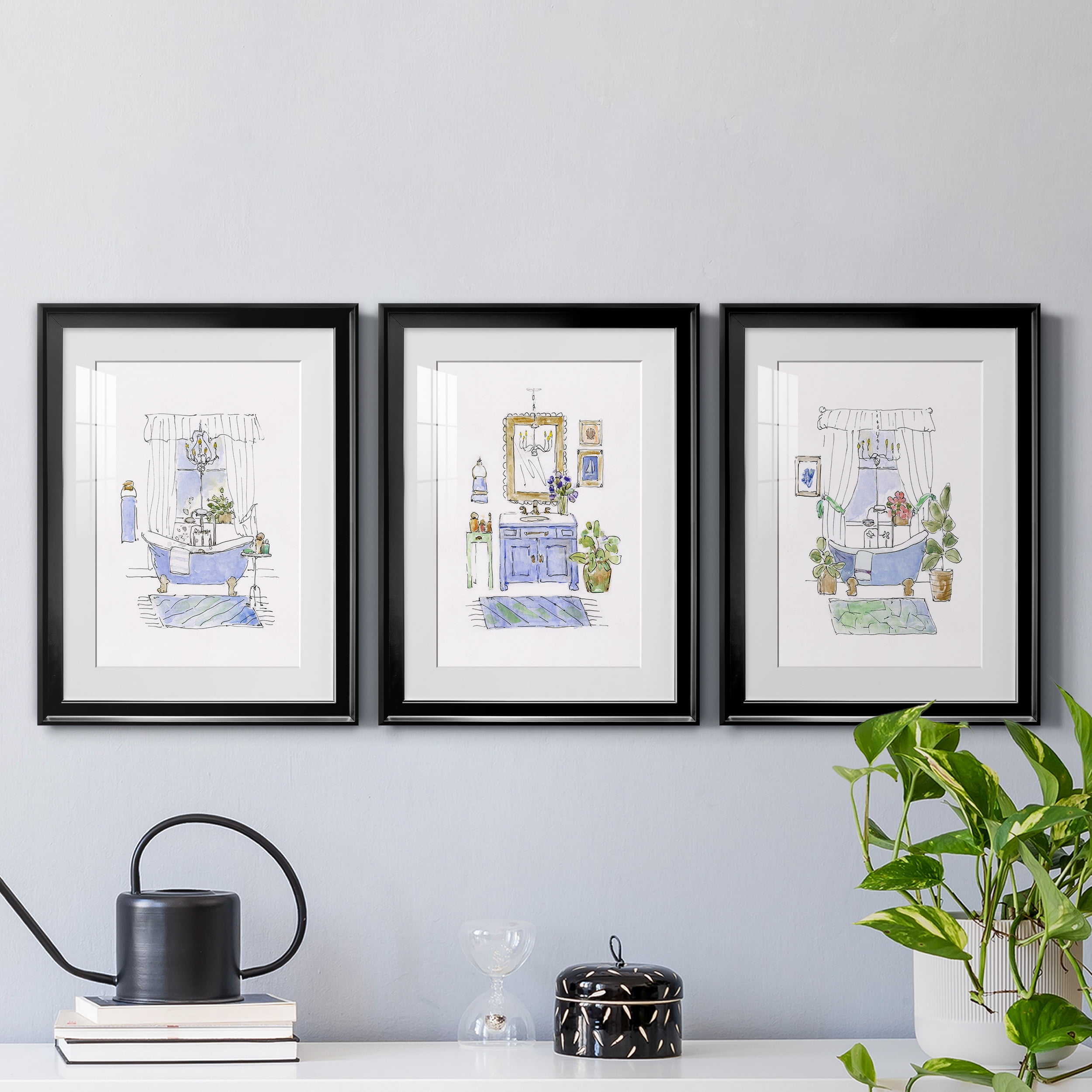 Sketchy Bath I Premium Framed Prints Set of 3 - Ready to Hang - 22 x 30 Each - Black Frame