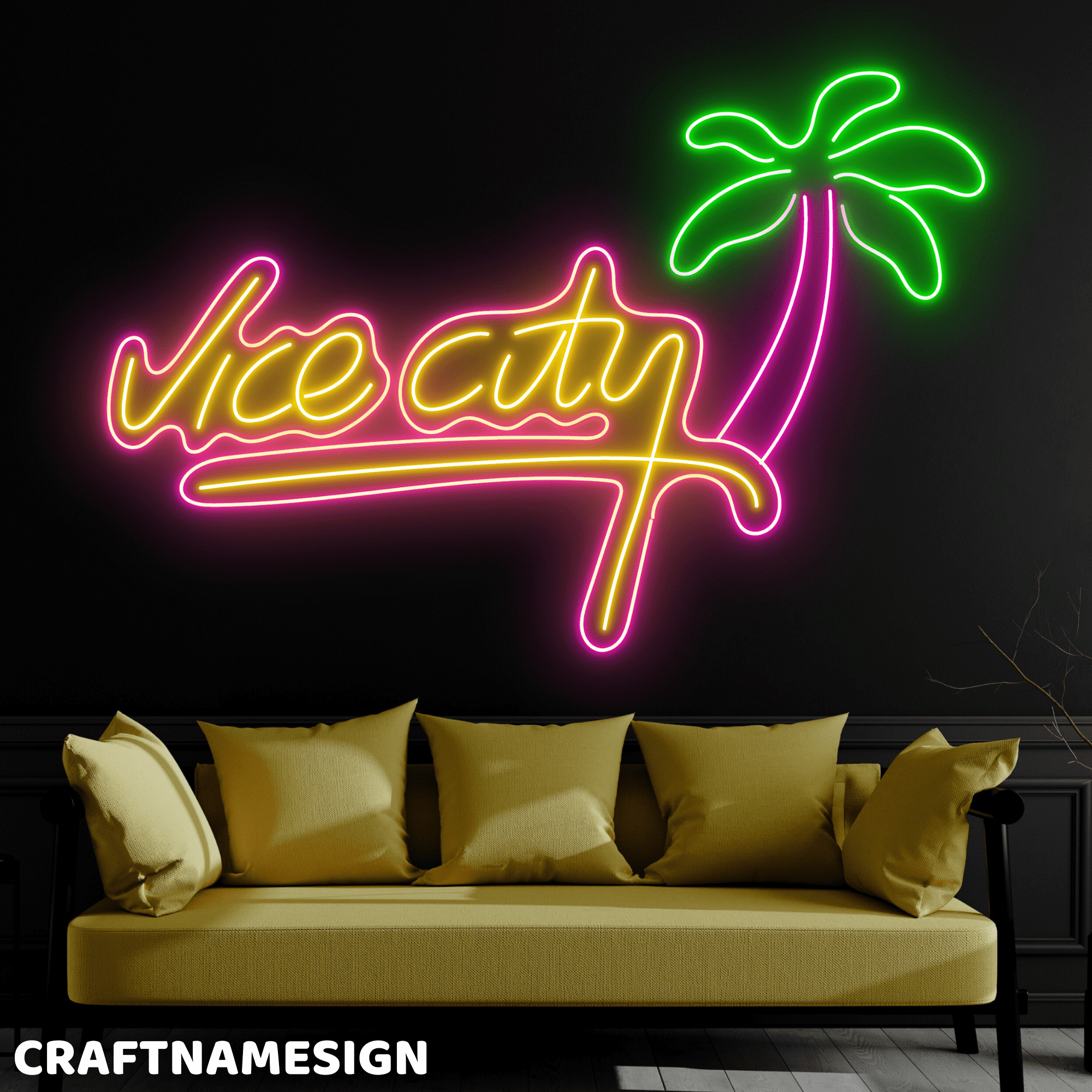 Craftnamesign Vice City Neon Sign, Hometown Wall Art, Homestay Wall Decor
