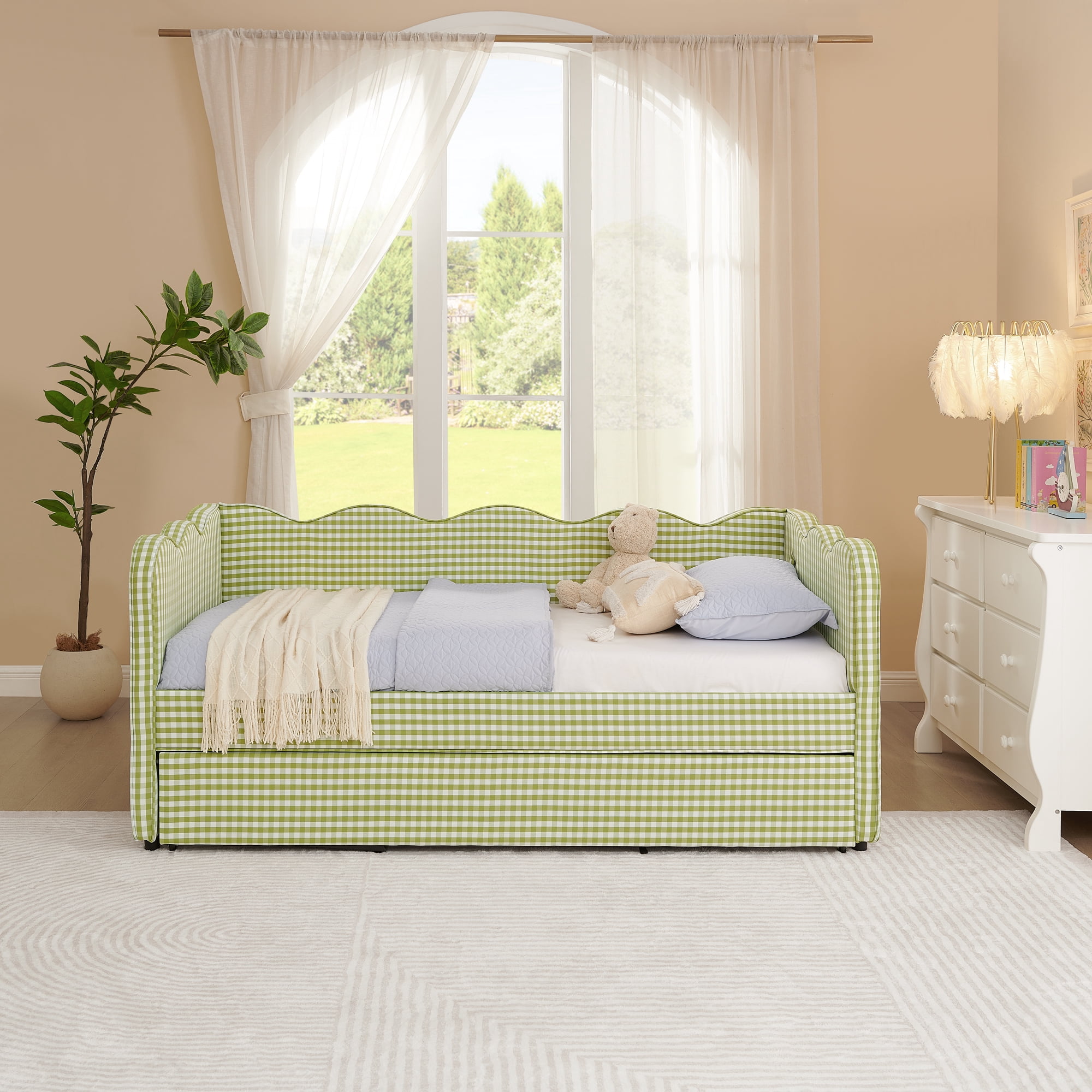 Twin Daybed with Trundle and USB Port, Upholstered Linen Sofa Bed Frame, Gingham Wave Design, No Box Spring Needed for Kids Bedroom, Green