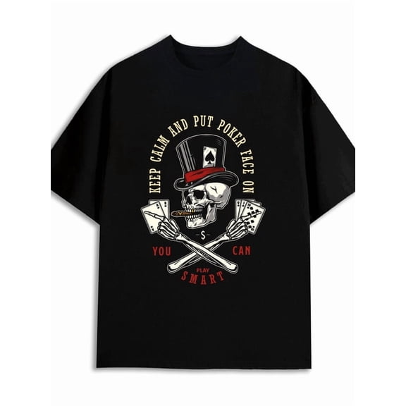 Poker Skull Tee funny humor t shirt print mens 180G 100% Cotton black t shirts For summer Fall, As Gifts Everyday and weekend wear sixty years old vintage Casual Unisex Shirt Graphic tshirts