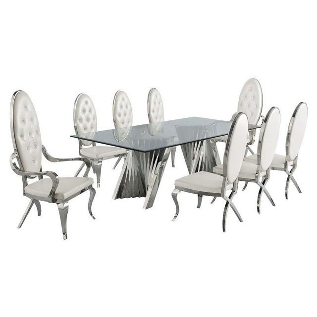 Mixed 9pc Dining Set with White Faux Leather Side Chairs and Arm Chairs