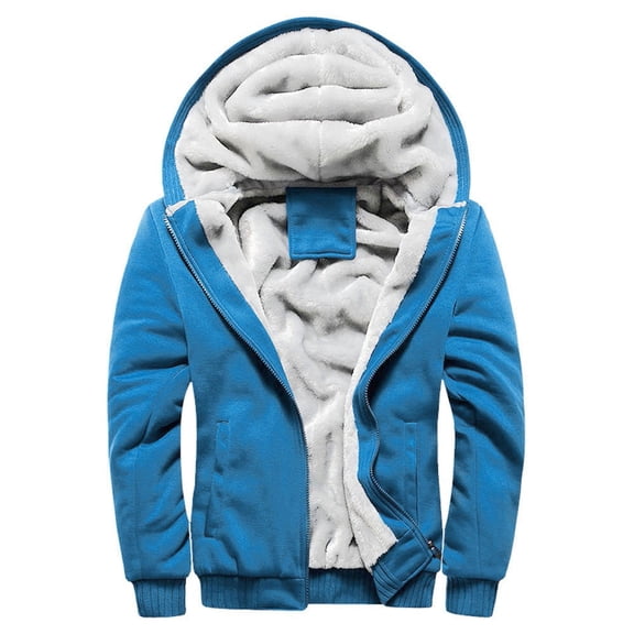 HWRETIE Mens Coats and Jackets Mens Hoodie Winter Warm Fleece Zipper Sweater Jacket Outwear Coat Blue 2Xl