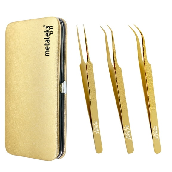 14cm - Texture Surface Grip - Professional Eyelash Extension Tweezers - Japanese Stainless Steel - Golden Titanium Coated With Magnetic Kit