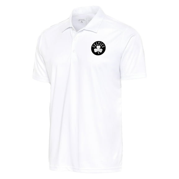 Men's Antigua White Boston Celtics Metallic Logo Tribute Desert Dry Polo