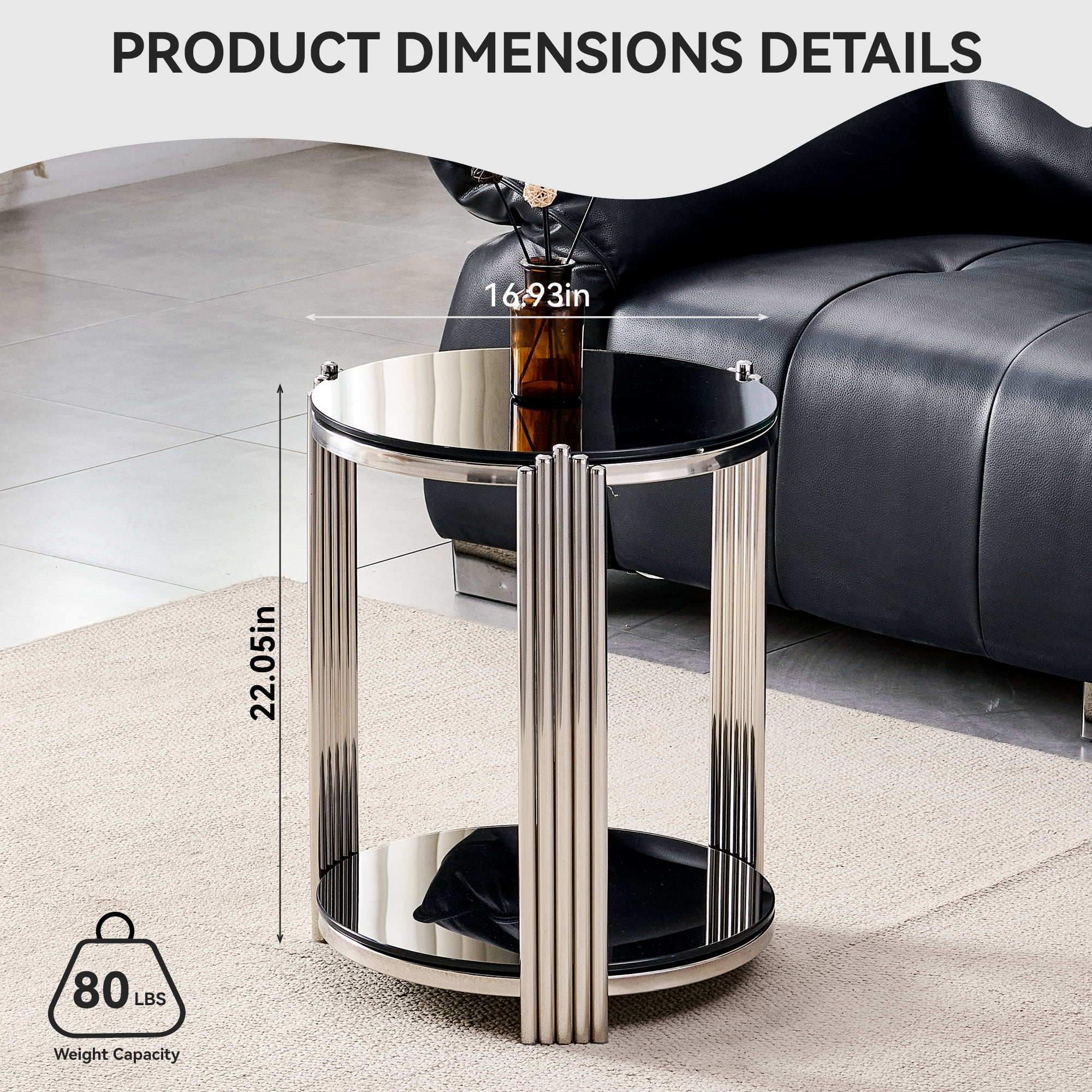 16.90 Inch Modern End Table, Bedside Table, Double-Layer Tempered Black Glass & Silver Stainless Steel Frame Living Room Table, Round Table