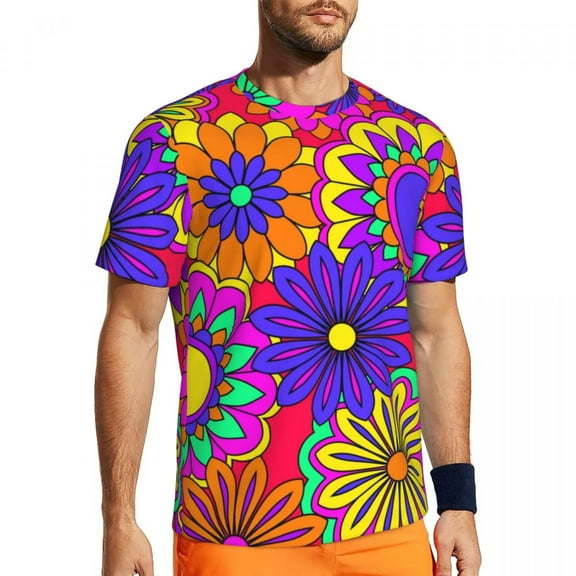 Psychedelic Print T-Shirt Male Groovy Flower Power Street Style Gym T-Shirts Fast Dry Summ
