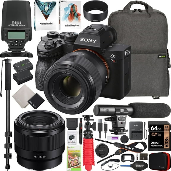Sony a7R IV Mirrorless Full Frame Camera Body   50mm F1.8 FE Fast E-Mount Lens SEL50F18F ILCE-7RM4A/B Bundle with MEIKE MK320 TTL Flash Speedlite   Deco Gear Backpack   Microphone and Accessories Kit