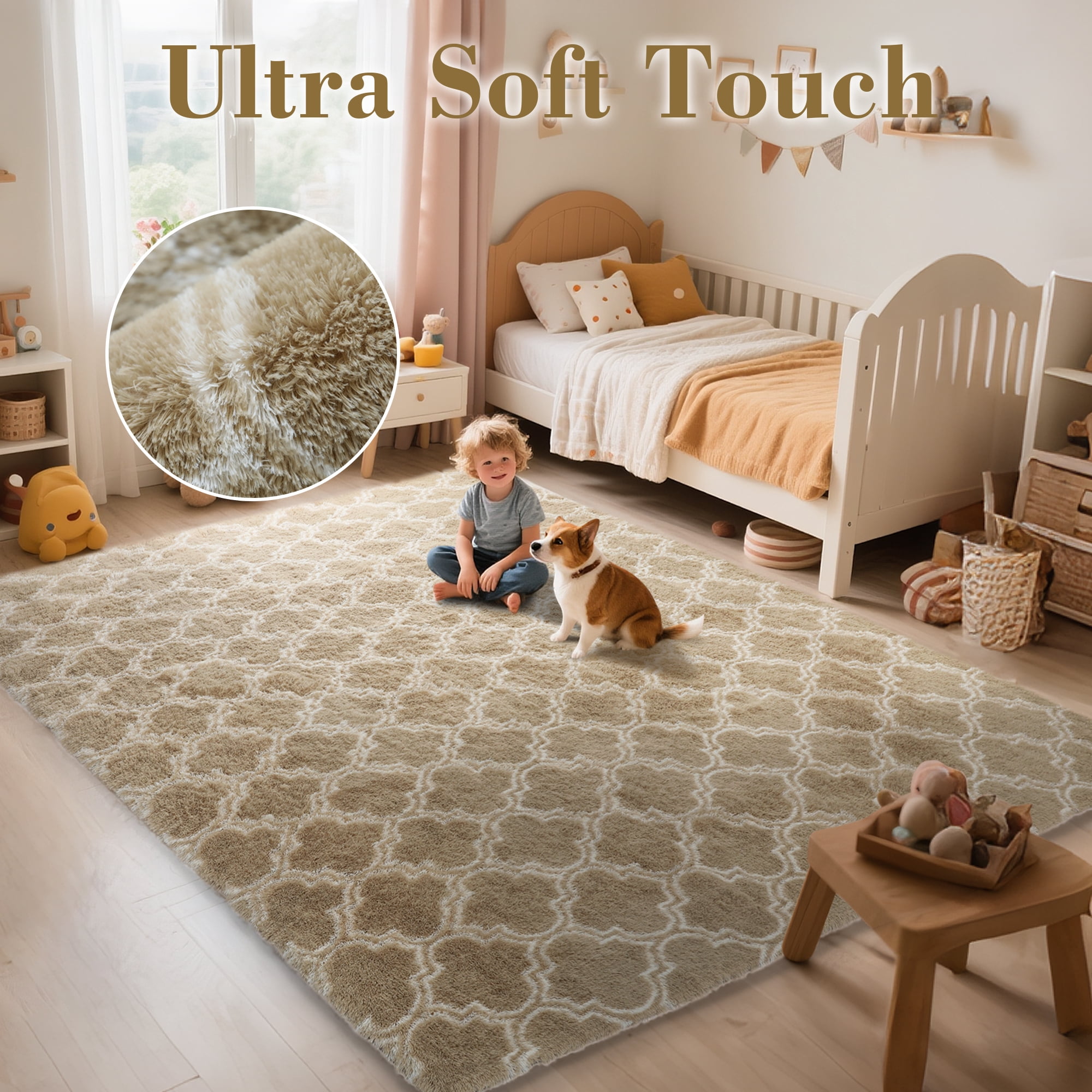 CozyDesg 5'x7' Area Rugs for Living Room，Black Rugs Shag Fluffy Shaggy Bedside Carpet, Large rug for Living Room Bedroom Dining Room Office Home Decor,Beige & White