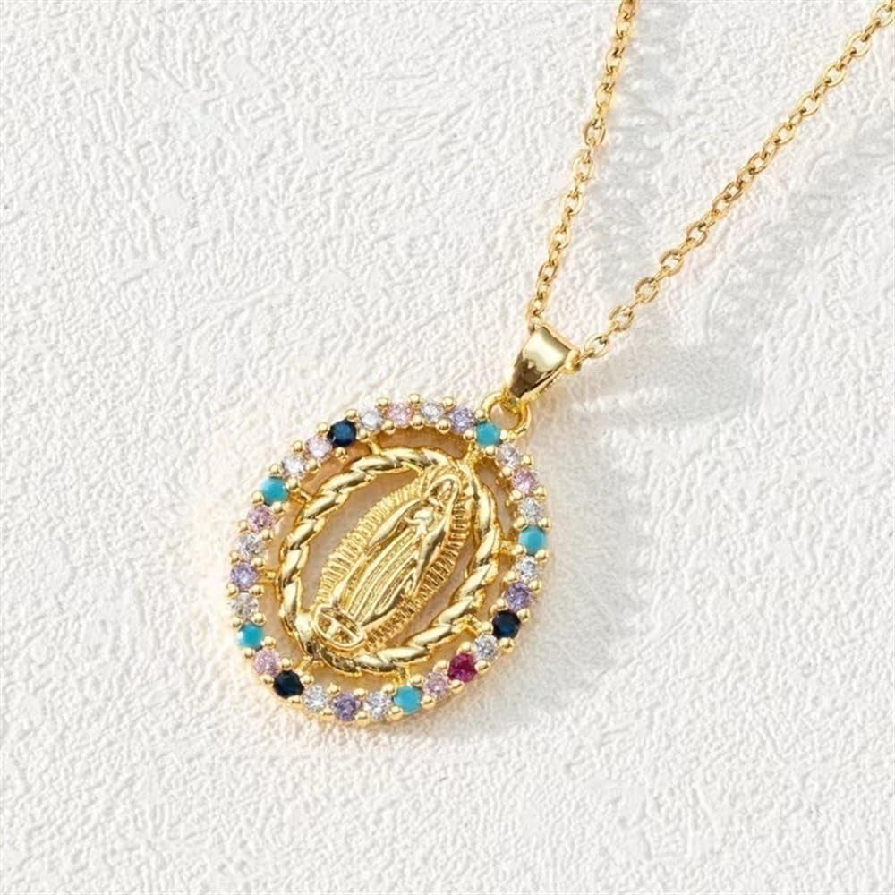 Virgin Mary Gold Plated Miraculous Medal Cubic Zirconia Necklaces