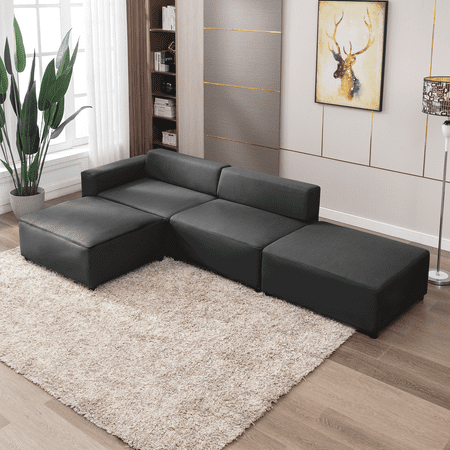 Mjkone Modern Modular L-Shape Sectional Sofa,Faux Leather Oversized Upholstery Sectional Sofa,Reversible Chaise Couch with Ottomans for Living Room/Loft/Apartment/Office (Dark Gray)