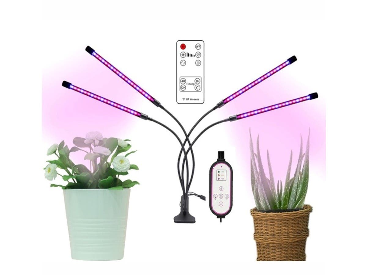 10 Dimmable Levels 4 Head Timing Grow Light with 3 Modes Timing Function, Adjustable Gooseneck, Red/Blue Spectrum, With Remote Control, For Indoor Plants