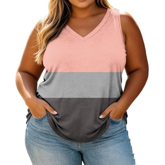 Wensltd Women Plus Size V Neck Sleeveless Tank Tops Color Block Soft Stretch Breathable Curved Hem Tank Shirt For Summer Daily Casual