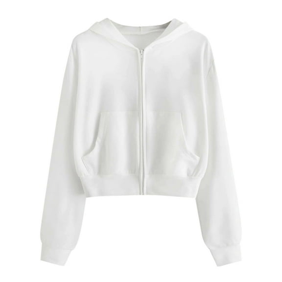 PMVFHDE Women's Cropped Zip Up Hoodie Jacket with Pockets, Casual Short Long Sleeve Fall Outerwear White，L