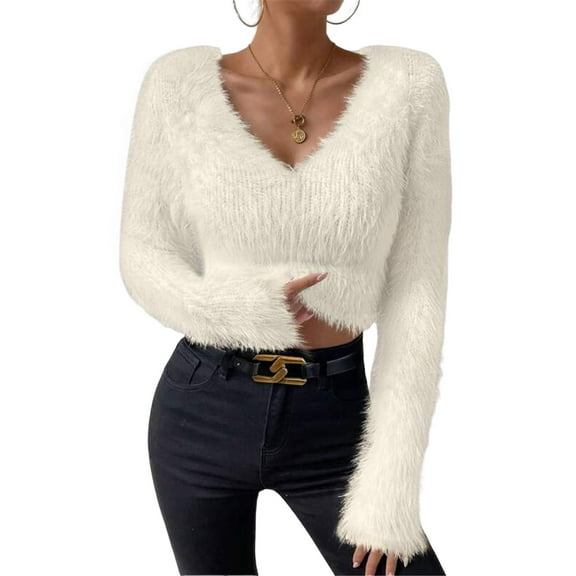 Female'S Fuzzy Long Sleeve V Neck Crop Sweater Casual Plain Slim Fit Warm Knitwear Sweater Pullovers  S