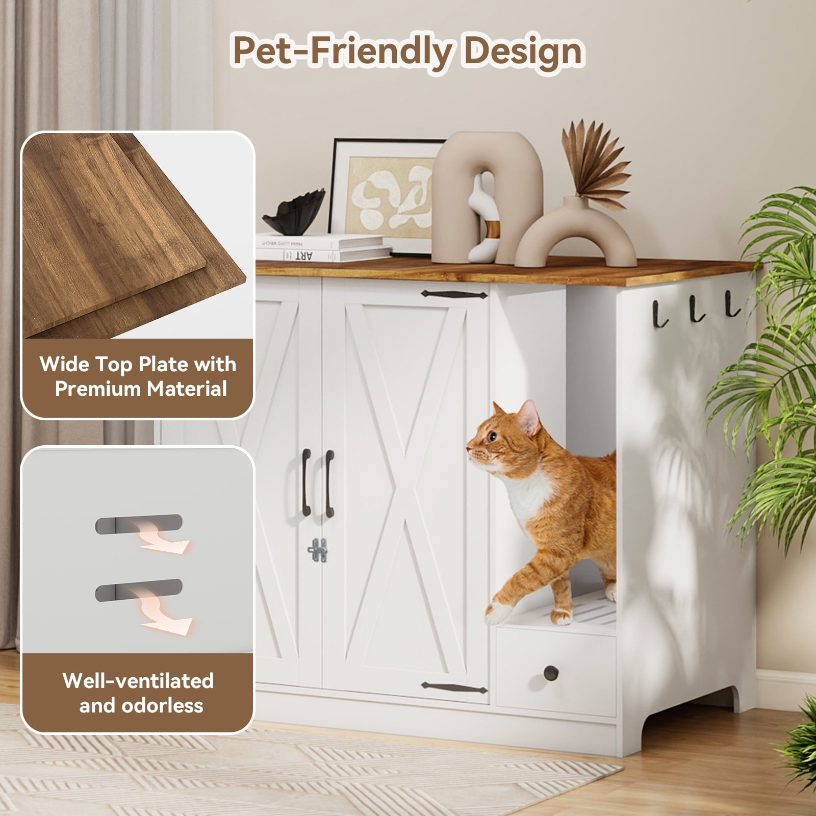 FULLWATT Large/Tall Cat Litter Enclosure, Litter Box Furniture Hidden, Cat Litter Box Enclosure Cabinet Large with Double Doors and Pull-Out Drawer for Self-Cleaning Litter Boxes