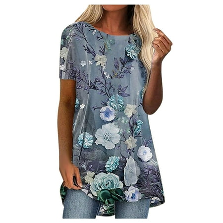 

Owordtank Womens Summer Tops Loose Short Sleeve T Shirts Print Corset Tops Blue XL