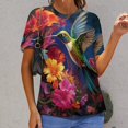 thumbnail image 6 of Flower Hummingbird Womens Tops Women's Fashion Casual Short Sleeve Flower Print Round Neck Pullover Top Blouse, 6 of 6
