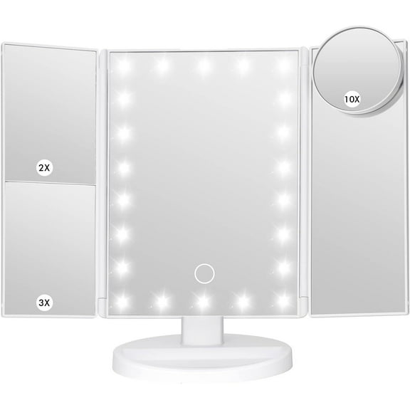 Wattne Makeup Vanity Mirror with Lights, 1/2/3/10X Magnification, Trifold Makeup Mirror, 22 LED Touch Dimming, Dual Power Supply, Portable Cosmetic Lighted Up Mirror, Women Gift, White