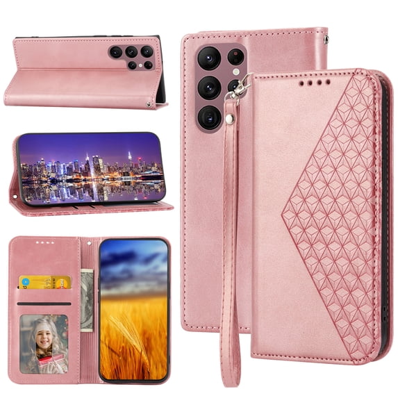 Case for Samsung Galaxy S22 Ultra, Magnetic Matte Premium PU Leather Stand Flip Cover with Card Slots and Wallet, Shockproof and Full Body Protection Compatible with Galaxy S22 Ultra - Rosegold