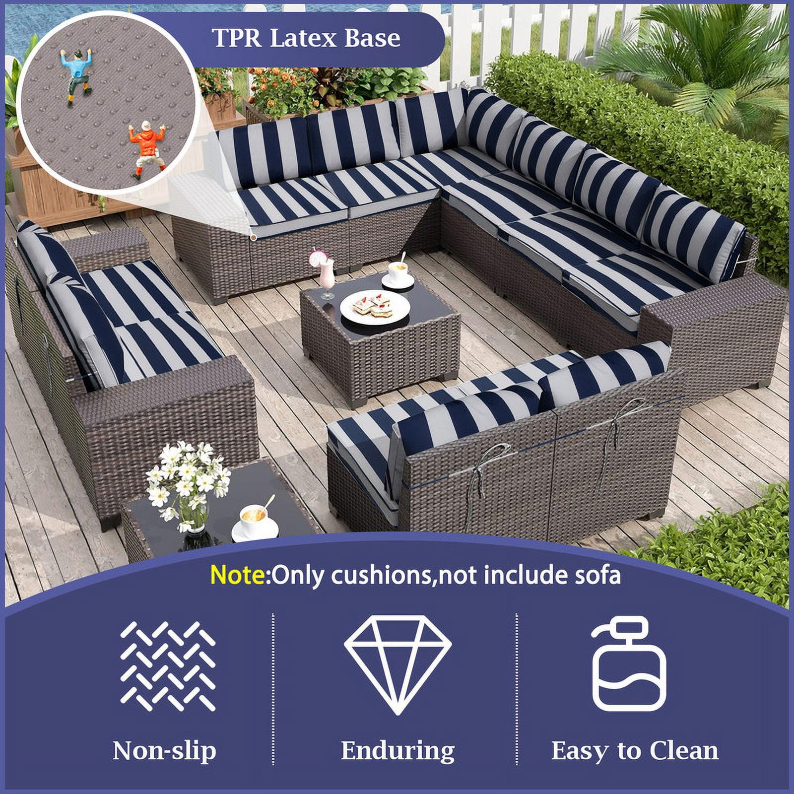 Outdoor Cushions for Patio Furniture Replacement, 4" Foam High-Density, 14-Piece Water-Resistant Outdoor Cushion for 6-Seat Sectional Patio Conversation Sets（Blue white stripes）