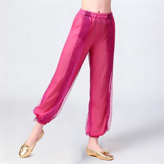 Trikvn Girls Harem Pants Sheer Mesh Sequin Sparkle Genie Trousers Elastic Waist Baggy Boho Dance Bottoms for Festival Costume Performance Dress Up